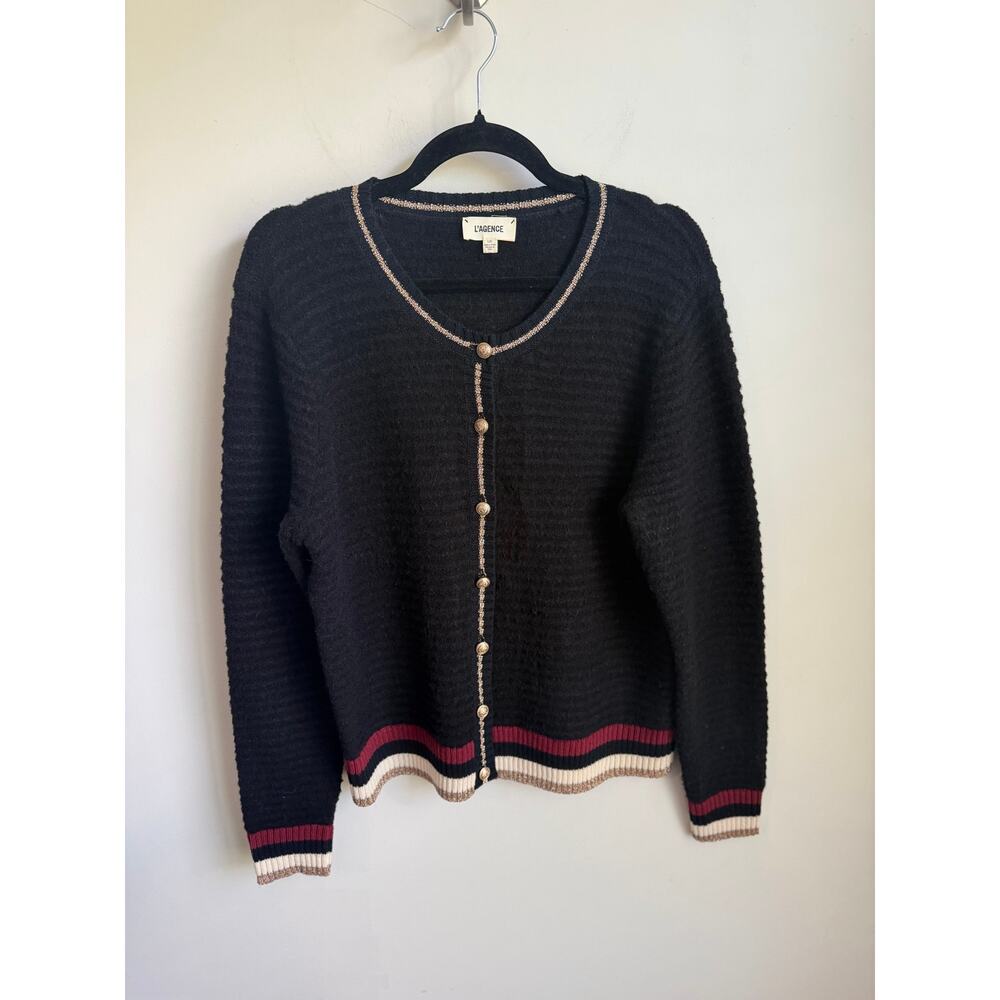 L'Agence Archer Metallic Tipped Long Sleeve Knit Cardigan Sweater Black Womens L - Picture 4 of 10